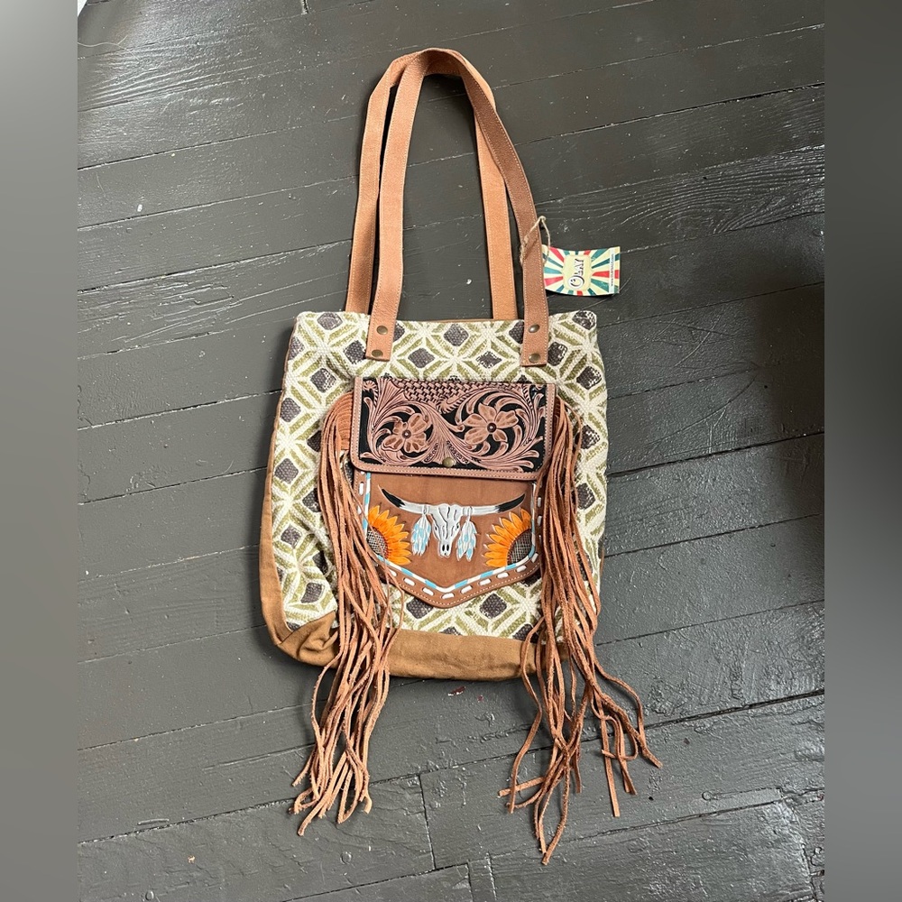 Ohlay hand tooled up cycled canvas/leather tote purse fringe